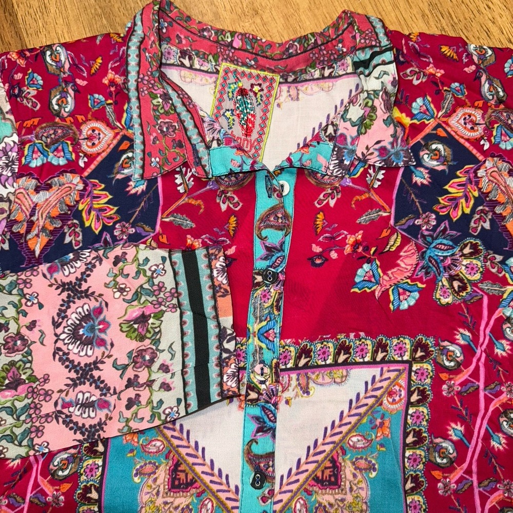 Johnny Was Floral Blouse Meco Scarf Print Tunic Handkerchief Hem Size S Boho NWT - Picture 7 of 16
